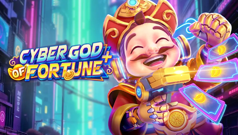 Cyber God of Fortune Plus slot ၏ key art၊ cyber နည်းပညာ ပုံစံ ဘုရားကြီး ဇာတ်ကောင်နှင့် Scatter symbol များ