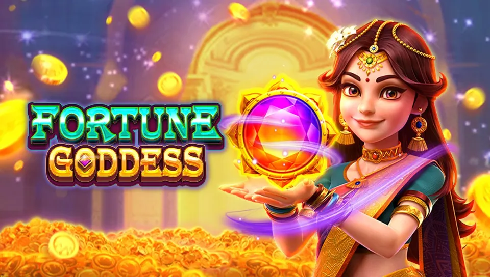 Fortune Goddess slot ၏ key art၊ ကျောက်မျက်ရတနာများ ဝန်းရံထားသော ရွှေရောင်နတ်သမီး