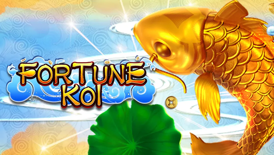 Fortune Koi FA CHAI slot key art၊ ရွှေရောင် koi ငါးများ ရေထဲတွင် ကူးနေသော ပုံ