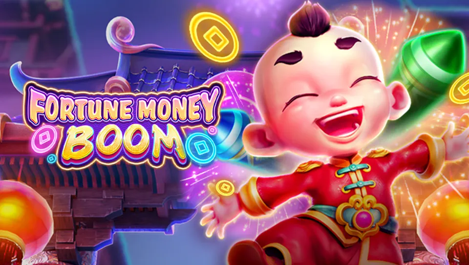 Fortune Money Boom ဂိမ်းပုံ၊ ရွှေဒင်္ဂါးများနှင့် မီးပန်းပေါက်ကွဲနေသော နောက်ခံ