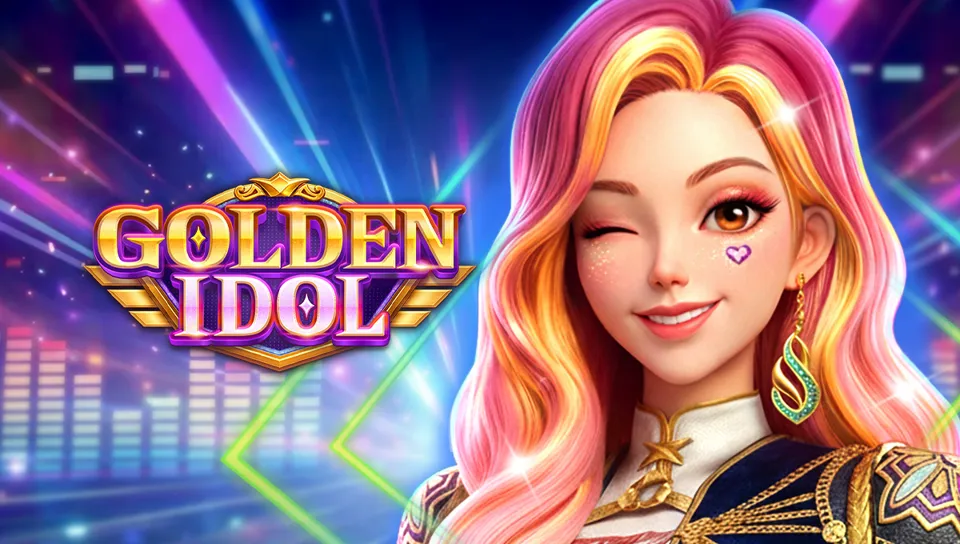FA CHAI ၏ Golden Idol စလော့ key art၊ neon လမ်းကြောင်းပေါ်တွင် ပြိုင်ကားမောင်းနေသော မိန်းကလေးအဖွဲ့