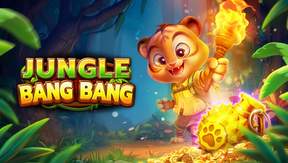 Jungle Bang Bang FA CHAI slot key art၊ တောအုပ်နောက်ခံတွင် တိရစ္ဆာန် symbol များနှင့် ရွှေဘောင်များ ပါသော ပုံ