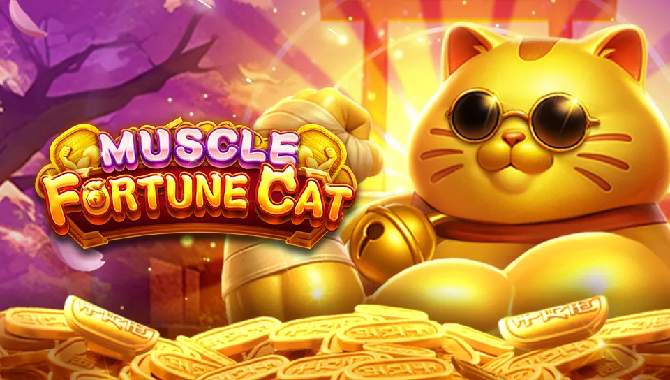 FA CHAI ၏ Muscle Fortune Cat slot key art၊ ကြွက်သားကြီးသော Fortune Cat နှင့် Coin symbol