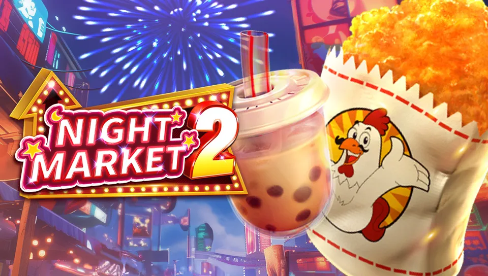 Night Market 2 slot ၏ key art၊ မီးအိမ်များ ထွန်းထားသော ညဈေးတန်းနှင့် စားသောက်ဆိုင်များ