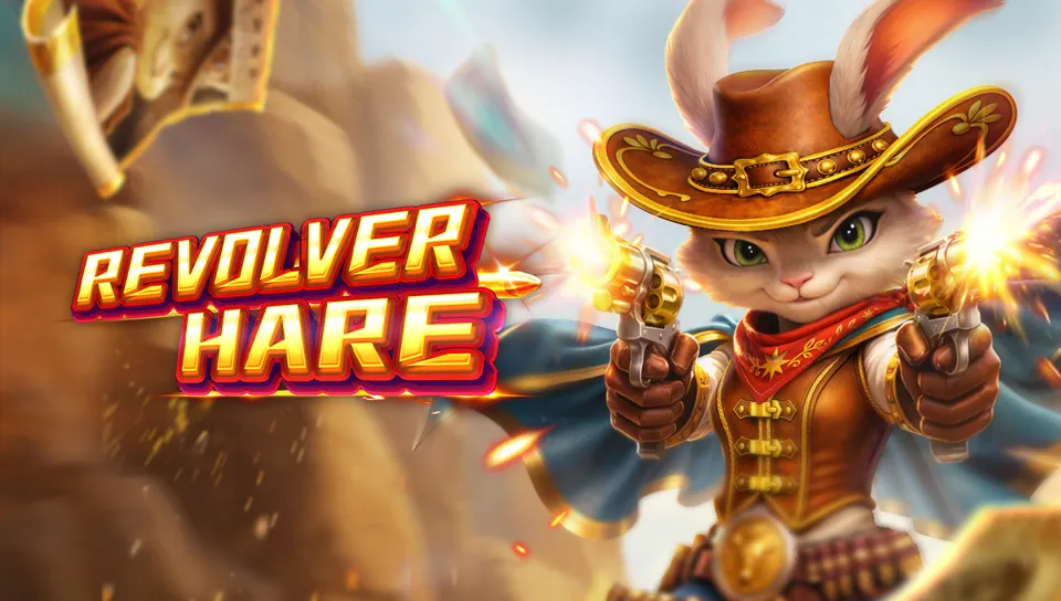 Revolver Hare slot ၏ key art၊ သေနတ်ကိုင်ထားသော cowboy ယုန်ဇာတ်ကောင်