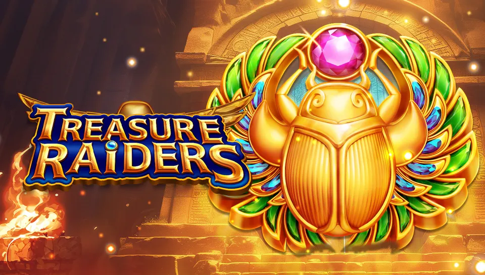 Treasure Raiders slot ၏ တရားဝင် key art၊ ရှေးဟောင်း totem နှင့် ရတနာတံခါး