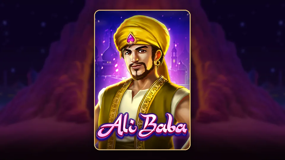 JILI Ali Baba slot ၏ key art၊ Ali Baba ဇာတ်ကောင်၊ ဂူဝင်ပေါက်နှင့် ရတနာသေတ္တာများ