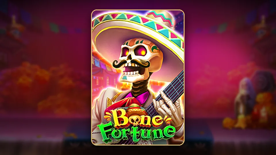JILI Bone Fortune slot ၏ key art၊ လရောင်အောက် ဂစ်တာတီးနေသော အရိုးစု ဇာတ်ကောင်
