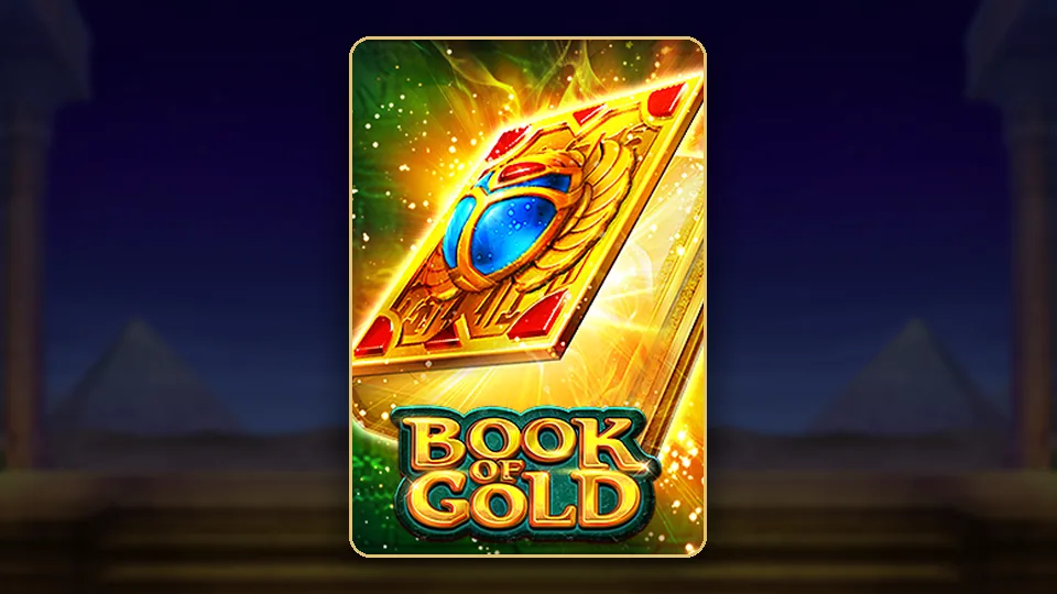 သဲကန္တာရ နောက်ခံတွင် ရွှေစာအုပ်ပါ JILI Book of Gold slot key art