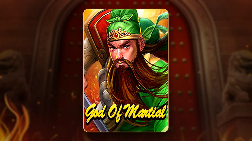 God of Martial JILI slot key art၊ သံချပ်ကာဝတ် စစ်သူကြီး လက်နက်ကိုင်ထားပြီး Red Cliff စစ်မြေပြင် နောက်ခံ ပုံ