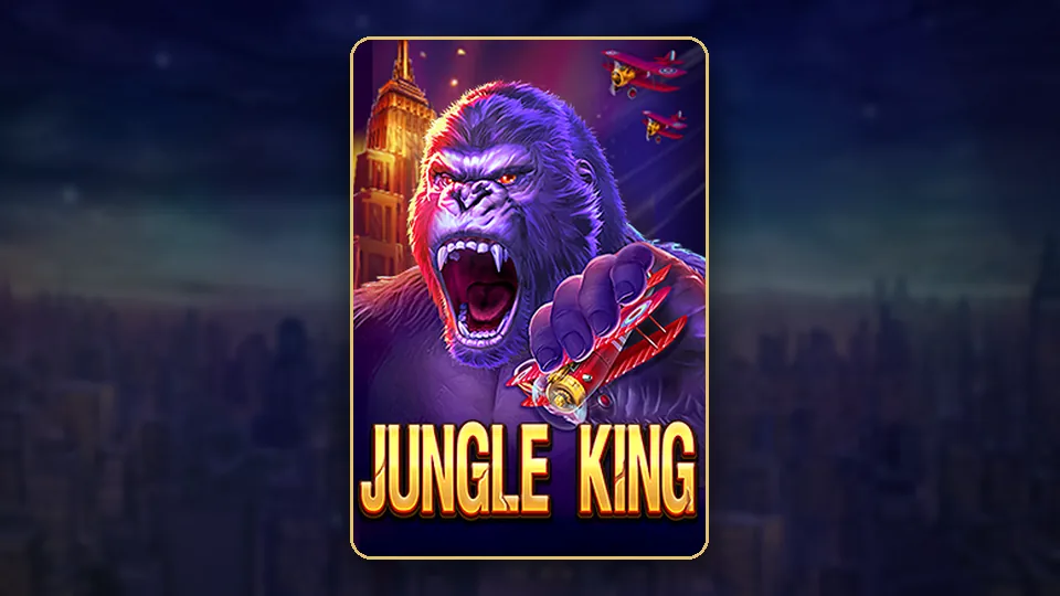 Jungle King slot ၏ key art၊ တောအုပ်နောက်ခံတွင် ရပ်နေသော gorilla ဘုရင်