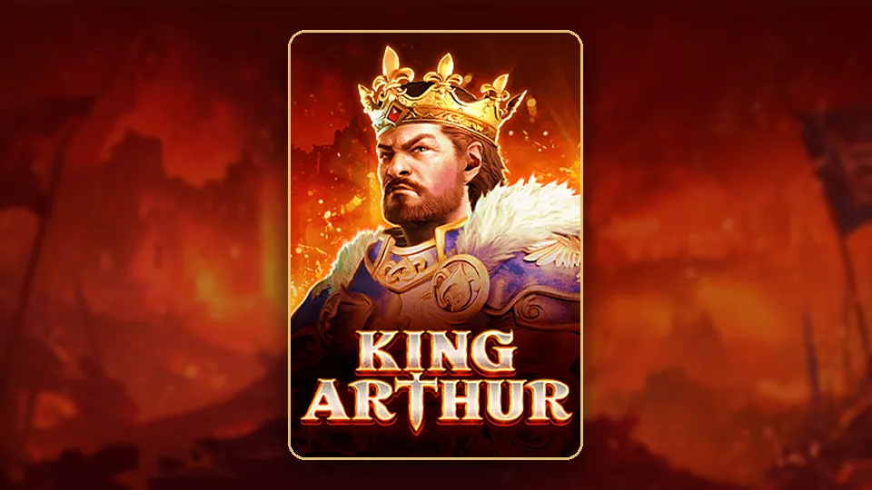 King Arthur JILI slot key art၊ ဓားကိုင် King Arthur နှင့် နဂါးကြီး ရင်ဆိုင်နေသော ပုံ