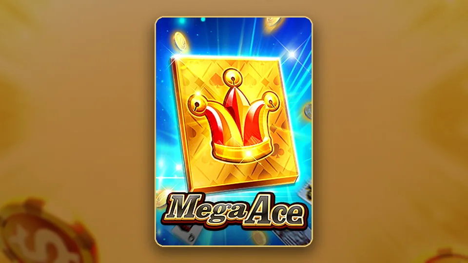 JILI ၏ Mega Ace စလော့ key art၊ ရွှေရောင် Ace ကတ်များနှင့် Joker