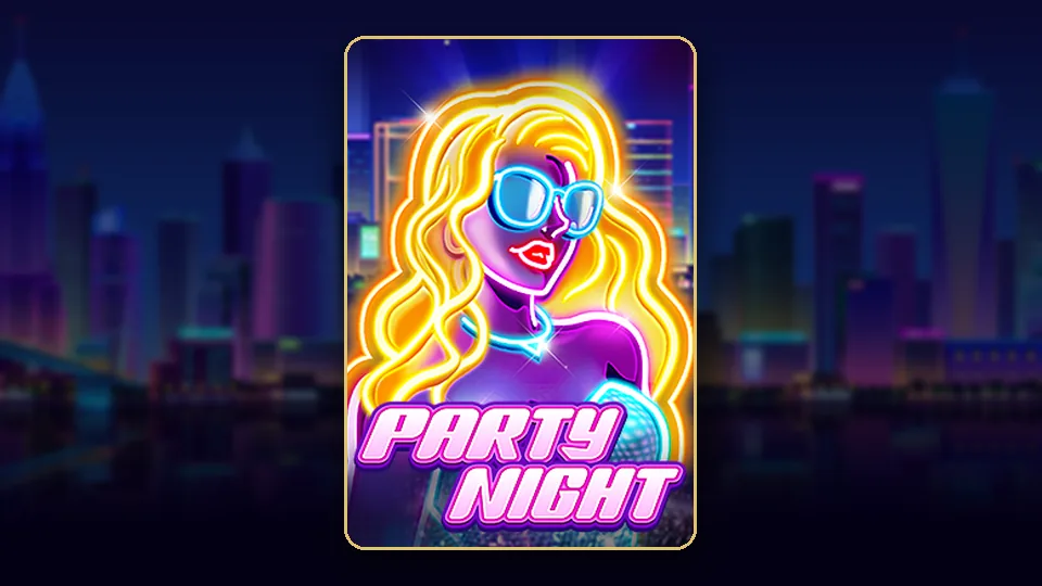 Party Night slot ၏ key art၊ ရောင်စုံမီးများ ထွန်းထားသော pub နှင့် ကော့တေးခွက်များ