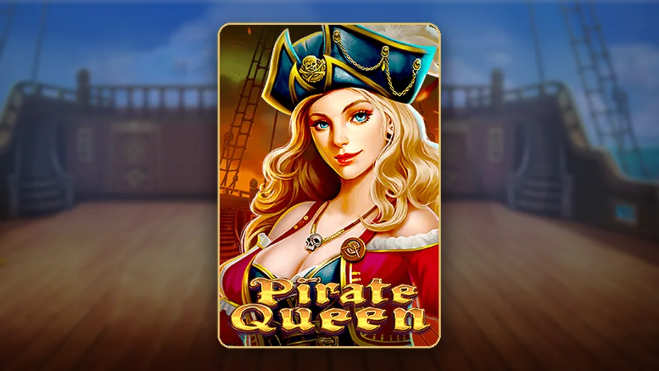Pirate Queen JILI slot key art၊ ပင်လယ်ဓားပြ ဘုရင်မနှင့် သင်္ဘော၊ အမြောက်များ ပါသော ပုံ