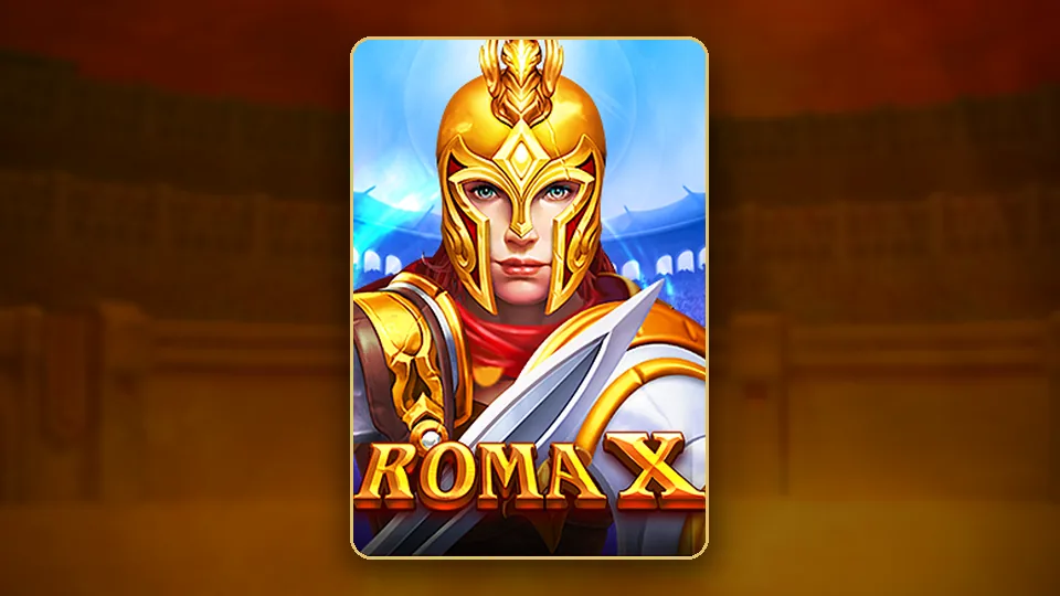 Roma X JILI slot key art၊ ရောမ gladiator နှင့် Arena ထဲ ခြင်္သေ့ ပါသော ပုံ