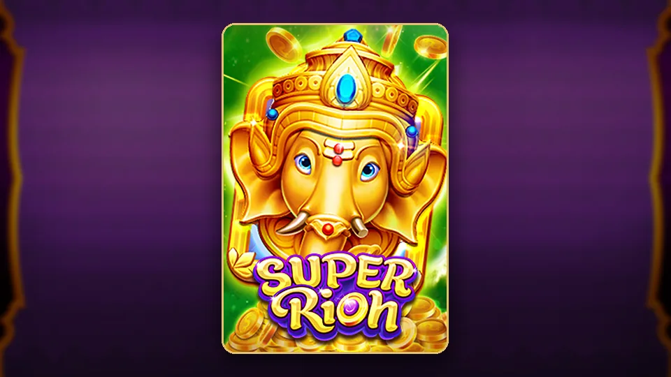 JILI ၏ Super Rich slot key art၊ ရွှေရောင် Ganesha နှင့် ဆင်ပုံ