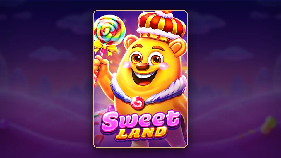 Sweet land slot ၏ key art၊ သကြားလုံးများ ပြည့်နေသော board ဘေးရှိ ဝက်ဝံ mascot