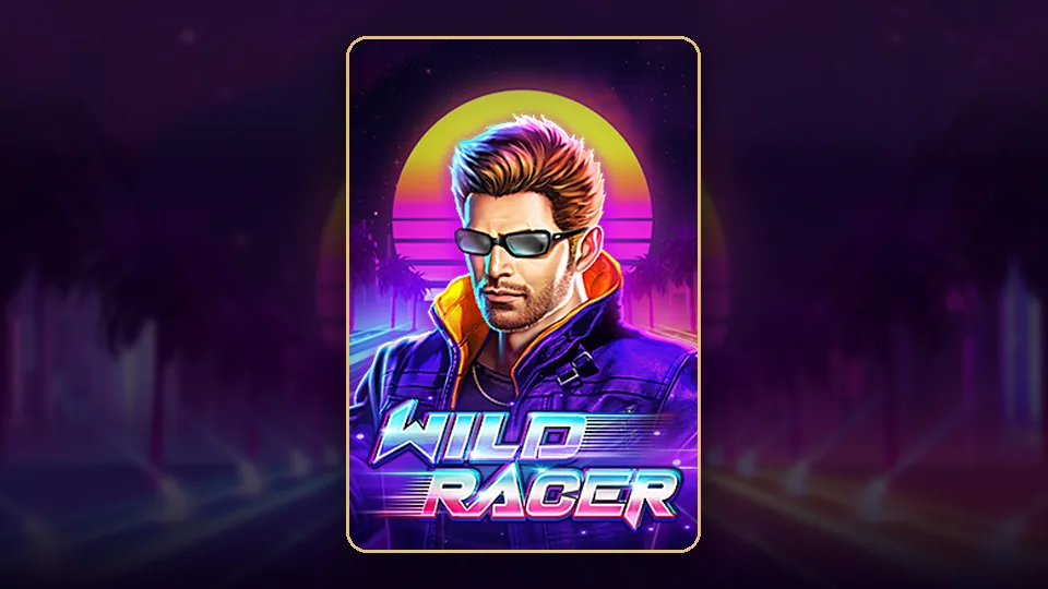 JILI ၏ Wild Racer စလော့ key art၊ retro neon မီးရောင်အောက်ရှိ ပြိုင်ကား