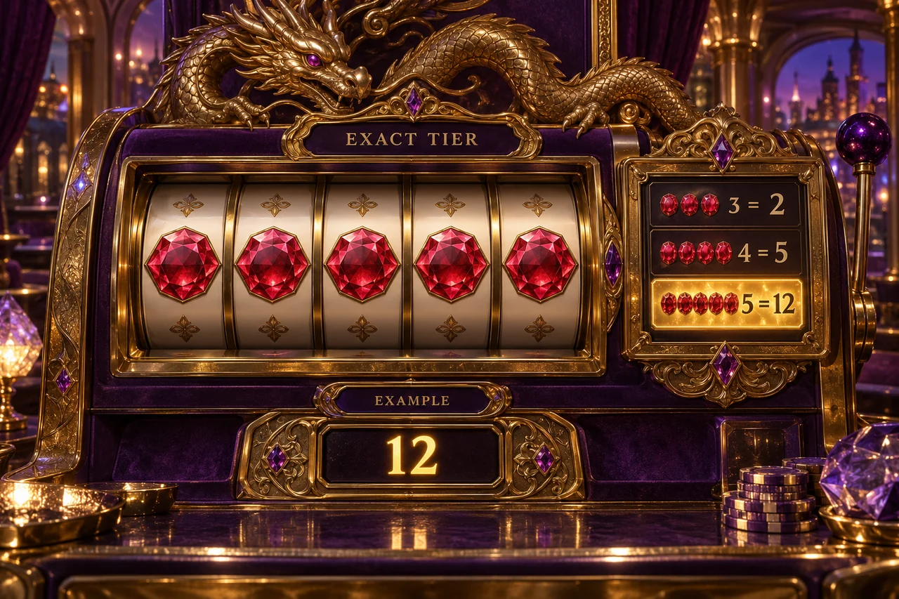 စိတ်ကူးslot တွင်rubyငါးခု၊paytable3→2 4→5 5→12နှင့်award12ကိုပြထားသည်။
