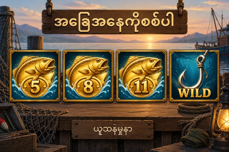 ငါးဖမ်းပုံစံ စလော့ဘုတ်မှ Cash 5၊ 8၊ 11 နှင့် WILD ပါသောအခြေအနေကို ခွဲပြသော သရုပ်ဖော်ပုံ