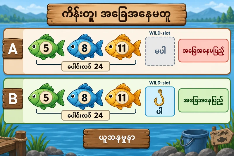 Cash တန်ဖိုးတူ 24 ရှိသော မှတ်တမ်း A တွင် WILD မပါ၊ B တွင် WILD ပါကြောင်း ခွဲပြသည့် ယူဆဇယား